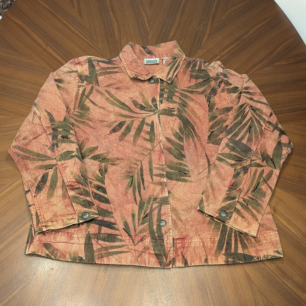 Chico's Design Jacket Womens 3 XL Coral Tropical Palm Beaded Embroidered Cotton